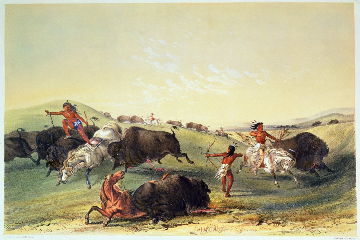 Buffalo Hunt, plate 7 fra Catlins North American Indian Collection, gravert av McGahey, Day og Haghe av George Catlin