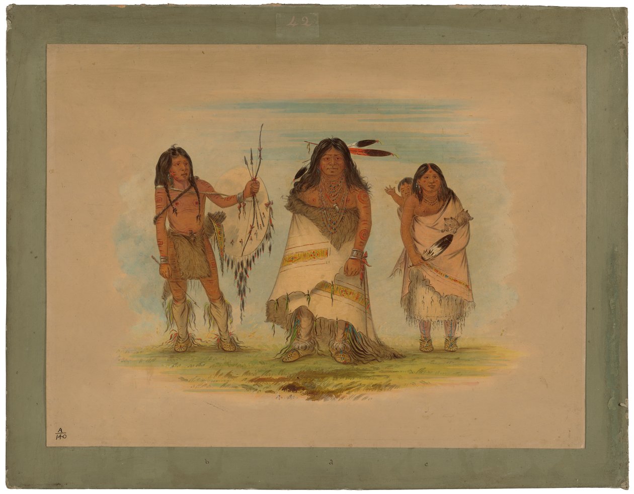 Comanche Chief, His Wife and a Warrior, 1861 (olje på kort montert på papp) av George Catlin