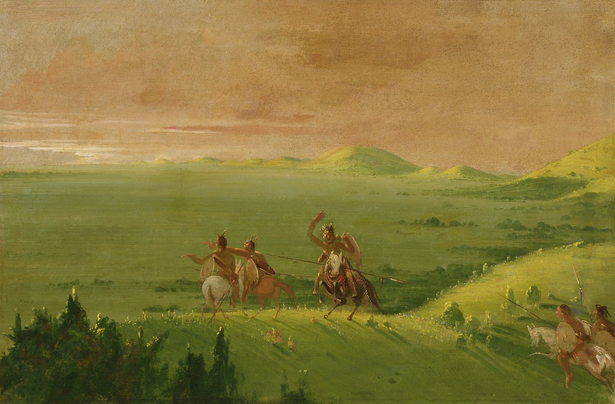 Comanche War Party, sjef som oppdager fienden og oppfordrer sine menn ved soloppgang, 1834-1835. av George Catlin