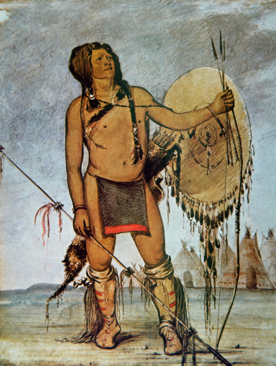Comanche-kriger med skjold, lanse og bue og piler, ca. 1835 (farge litho) av George Catlin