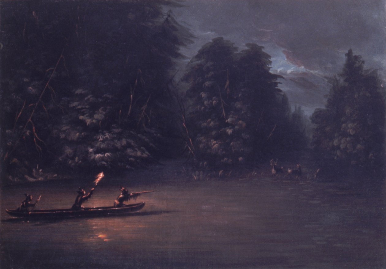 Hjortejakt med fakkel i barkkanoer, 1846-1848. av George Catlin
