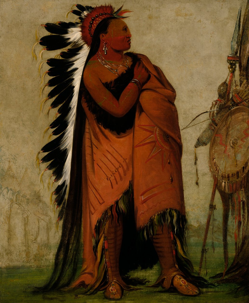 Eé-hee-a-duck-cée-a, Han som binder håret sitt før av George Catlin