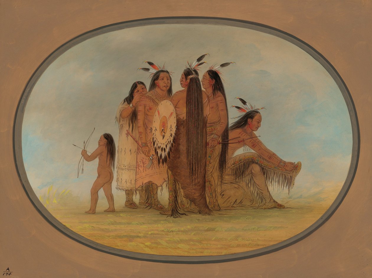 Fire Mandan-krigere, en jente og en gutt, 18611869. av George Catlin
