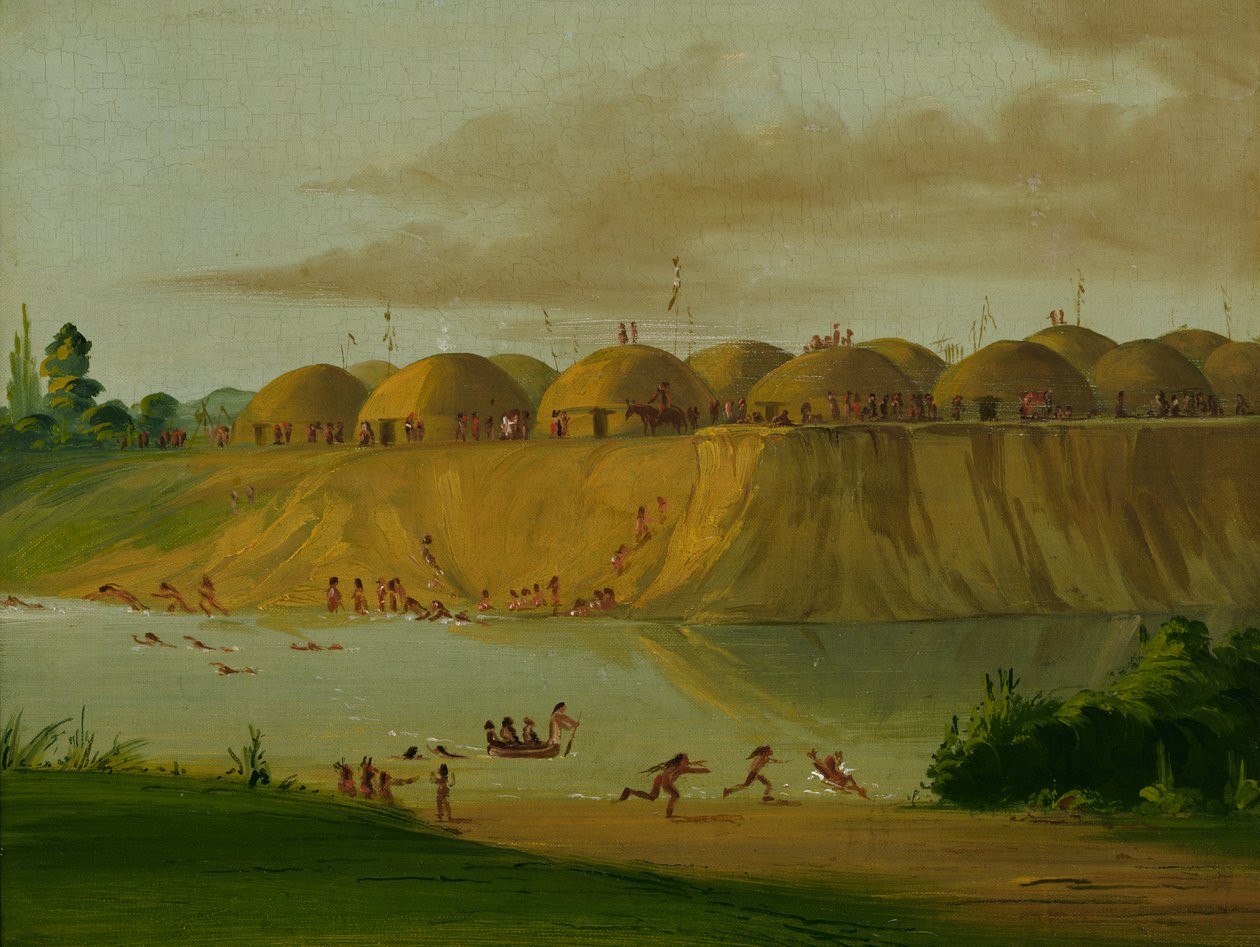 Hidatsa Village, jorddekkede hytter, ved Knife River, 1810 Miles ovenfor St. Louis, 1832. av George Catlin