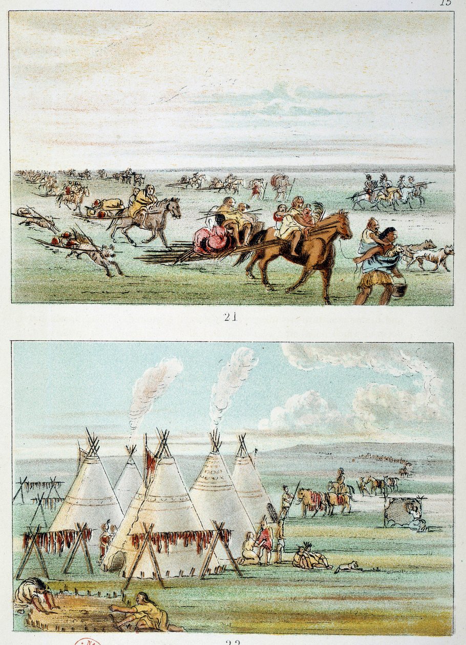 Indians of America: (øverst) stamme som beveger seg med skinn til salgs. (Bund) stamme på 500 til 600 tipi. Illustrasjon av George Catlin (1794-1872) av George Catlin