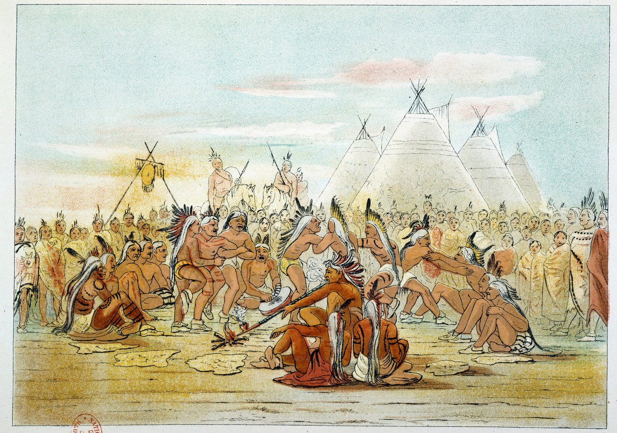 Indians of America: Assiniboin-stamme som ligner Sioux-dansende pipedans. Illustrasjon av George Catlin (1794-1872) av George Catlin