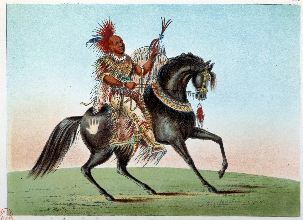 Indians of America: Ridesportrett av en indianerhøvding fra stammen Sachsen og rever. Illustrasjon av George Catlin (1794-1872) av George Catlin