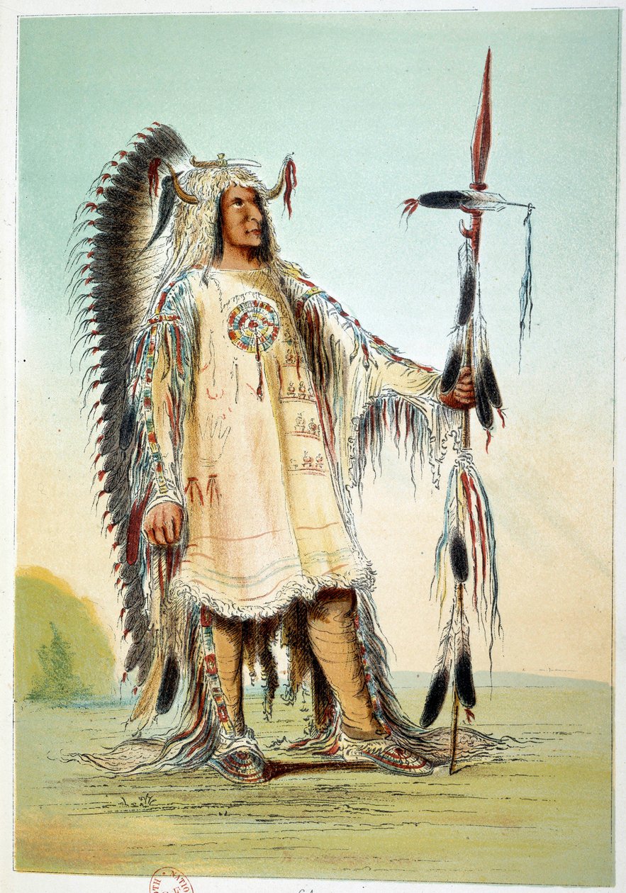 Indianere i Amerika: Mah-To-Toh-Pa (Mah To Toh Pa), andre Mandan-høvdingkledning. Illustrasjon av George Catlin (1794-1872) av George Catlin