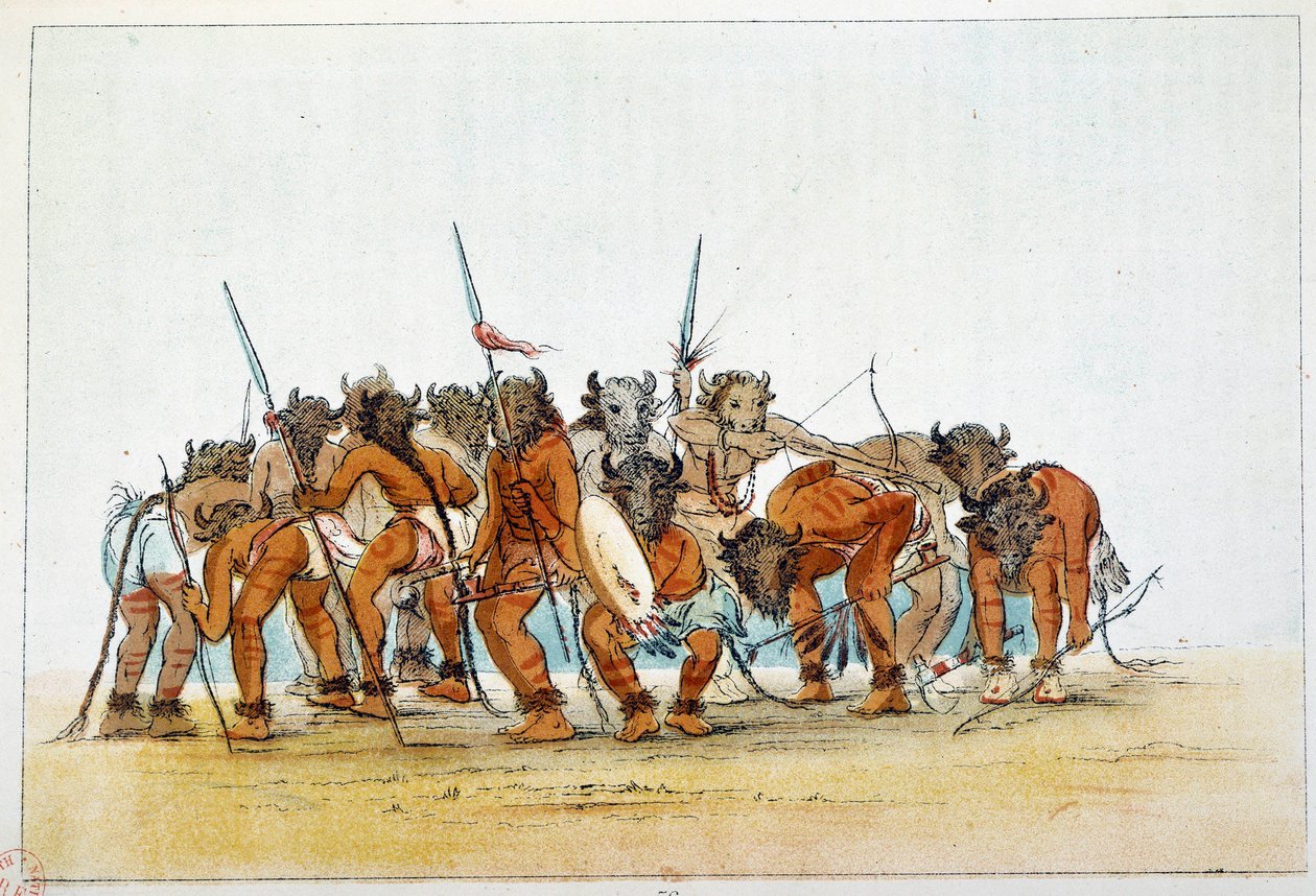 Indians of America: Møte av Mandans-krigere med deres trofé av bøffelhode på hodet. Illustrasjon av George Catlin (1794-1872) av George Catlin