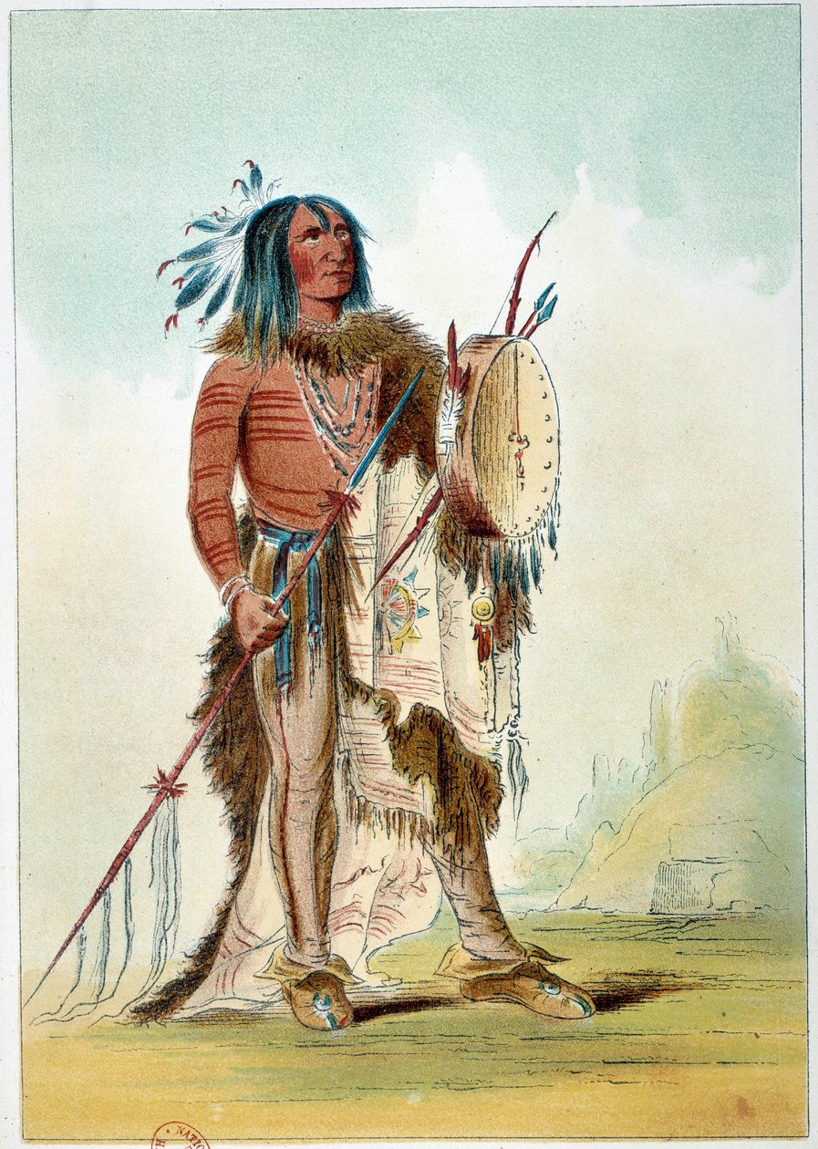Indians of America: Portrett av en indianerhøvding som ble lege har en tam tam (tam-tam) som er rettsmidler. Illustrasjon av George Catlin (1794-1872) av George Catlin