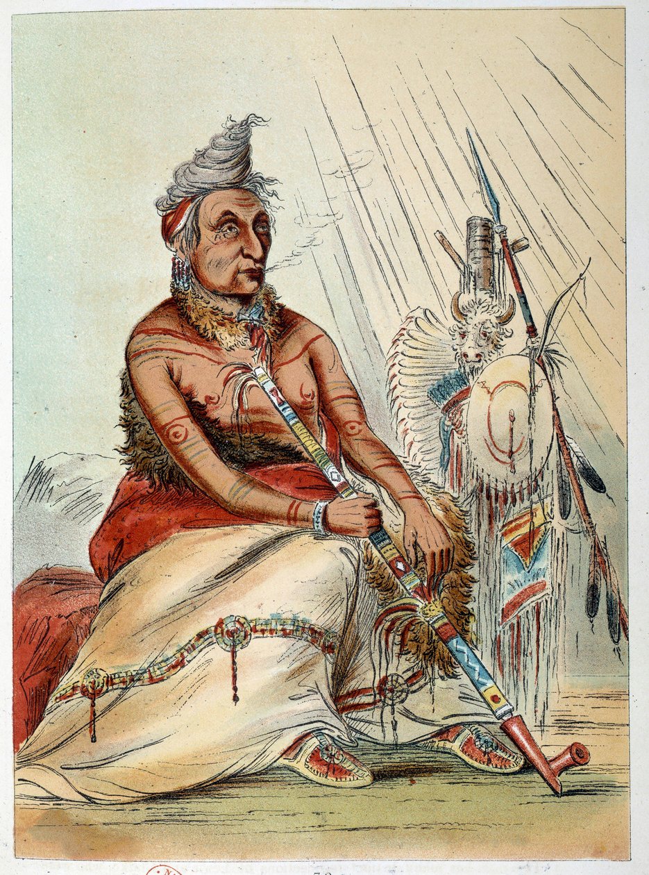 Indians of America: Portrett av en gammel indisk kokk som røyker pipen sin, kalt The Black Mocassin. Illustrasjon av George Catlin (1794-1872) av George Catlin