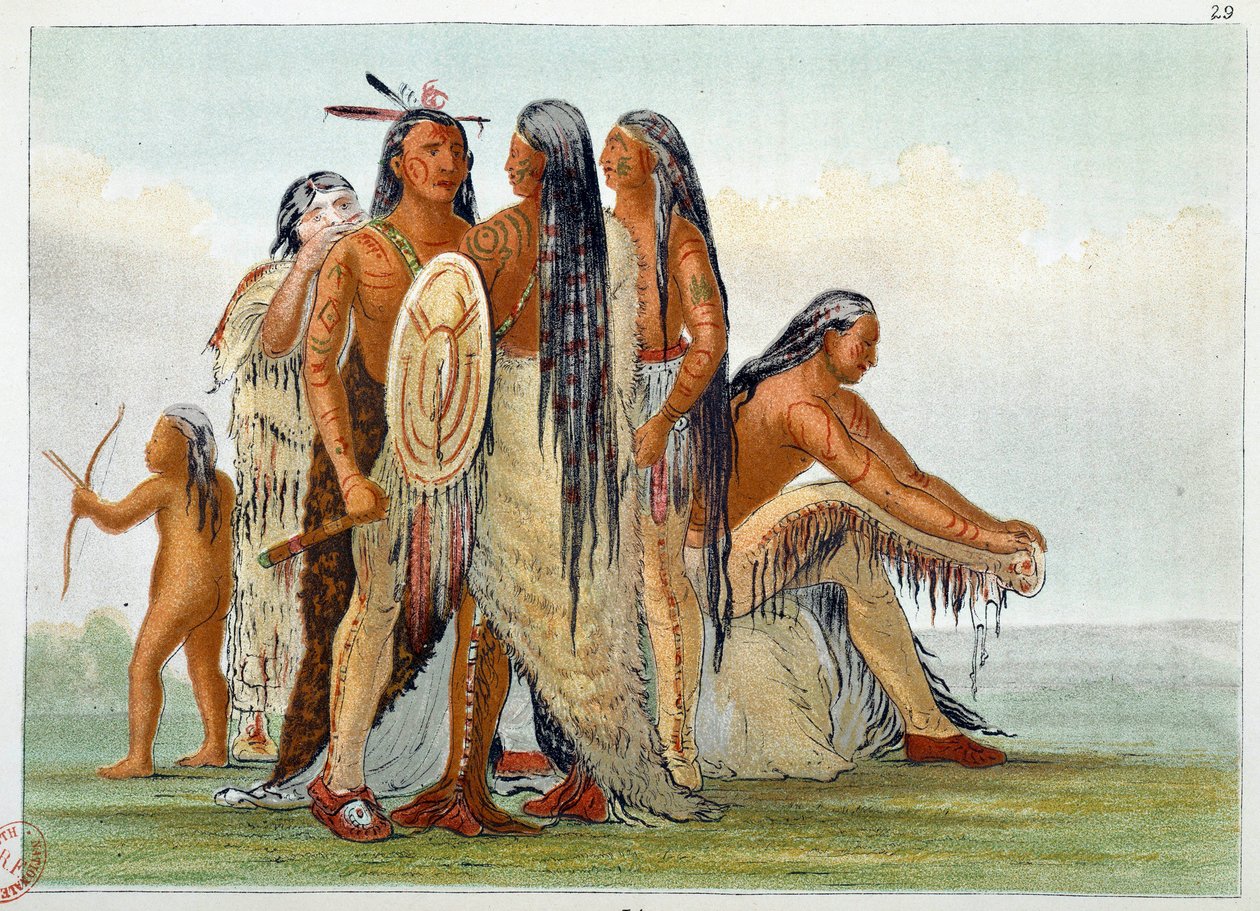 Indianere i Amerika. Mandanene: Høvding San Ja Ka Ko Kah (San-Ja-Ka-Ko-Kah) omgir med familien sin. Gravering av George Catlin (1794-1872) av George Catlin