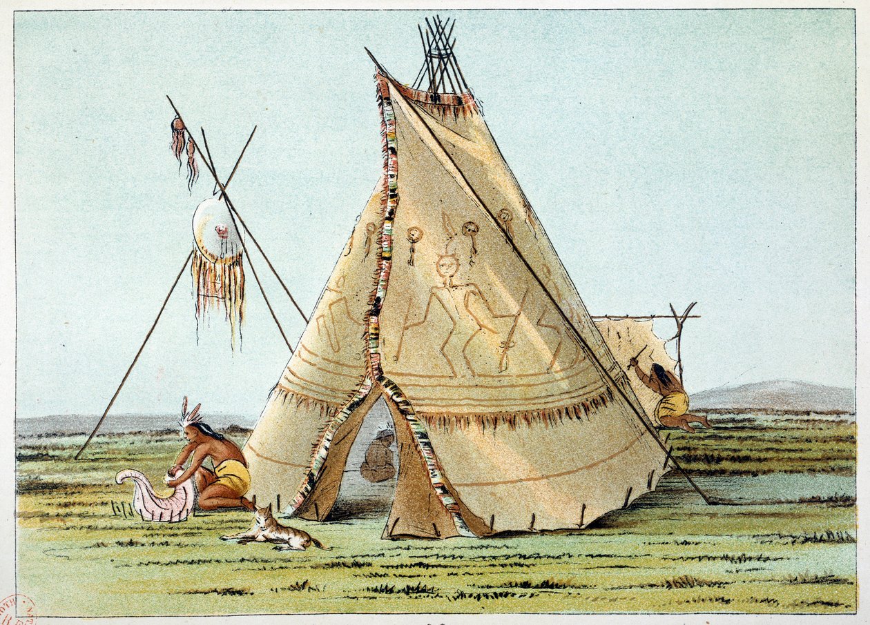 Indians of America: Tipi of the Crows-stammen toppet med piquings av porcuepics. Illustrasjon av George Catlin (1794-1872) av George Catlin