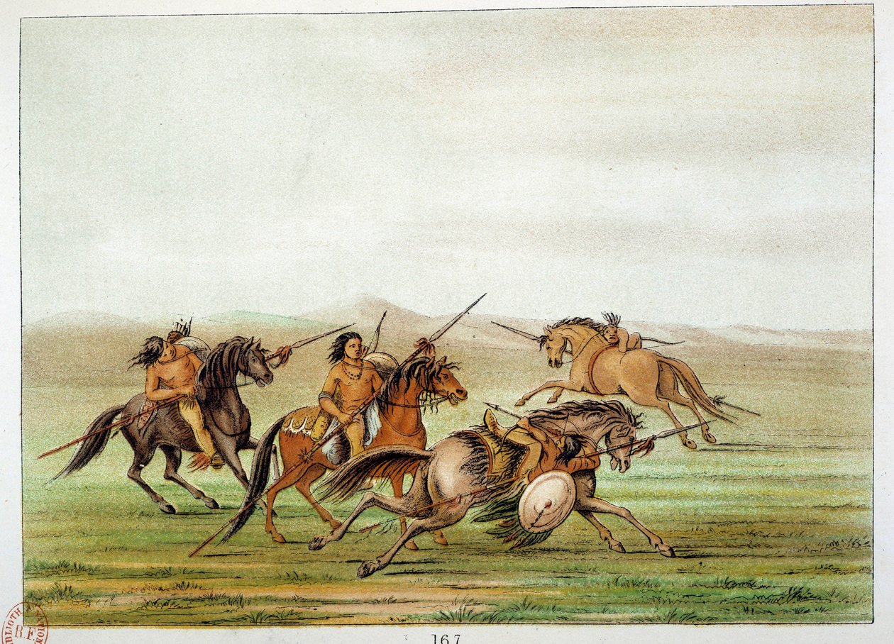 Indians of America: Warriors Commanders som trener på hesteryggen. Illustrasjon av George Catlin (1794-1872) av George Catlin