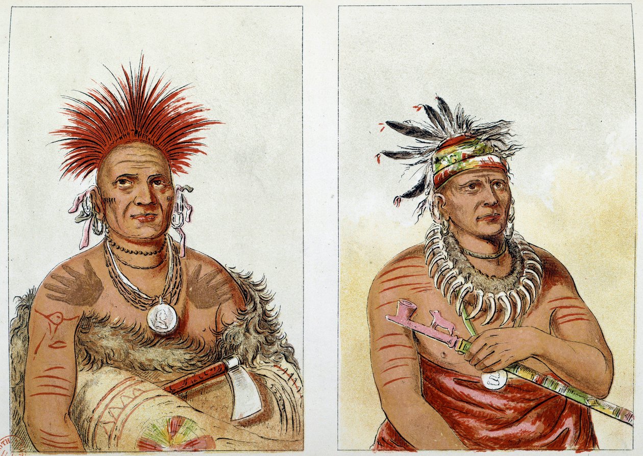 Indians of America: Hestehøvdingstammen til Great Pawnees (eller Paneassa, Pari, Pariki) (n° 138) andre høvding pluss alder (n° 139) - Den andre har et halskjede laget av bjørneklør - Illustrasjon av George Catlin ( 1794–1872) av George Catlin