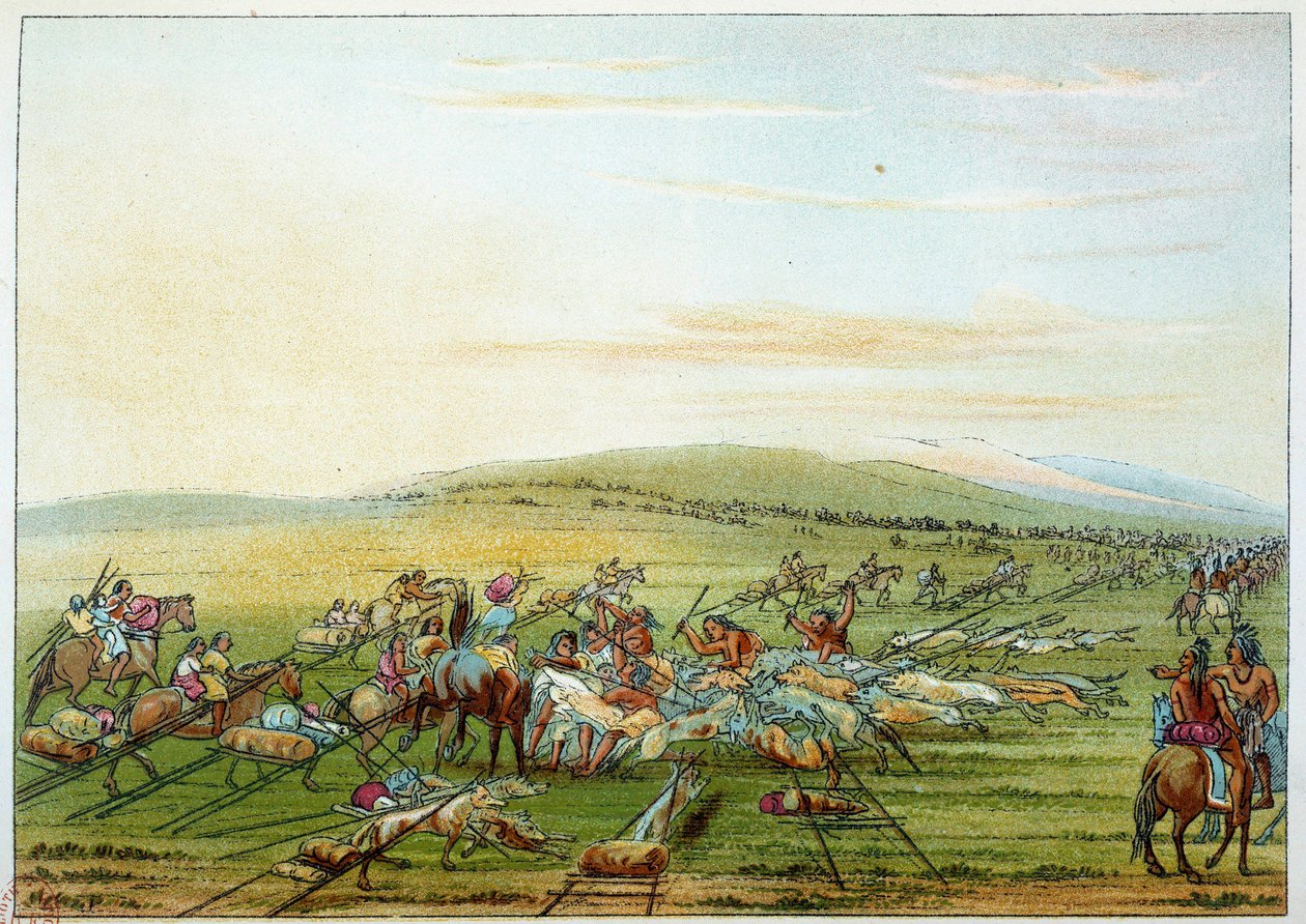 Indians of America: stamme av indianere med hester og hunder. Illustrasjon av George Catlin (1794-1872) av George Catlin