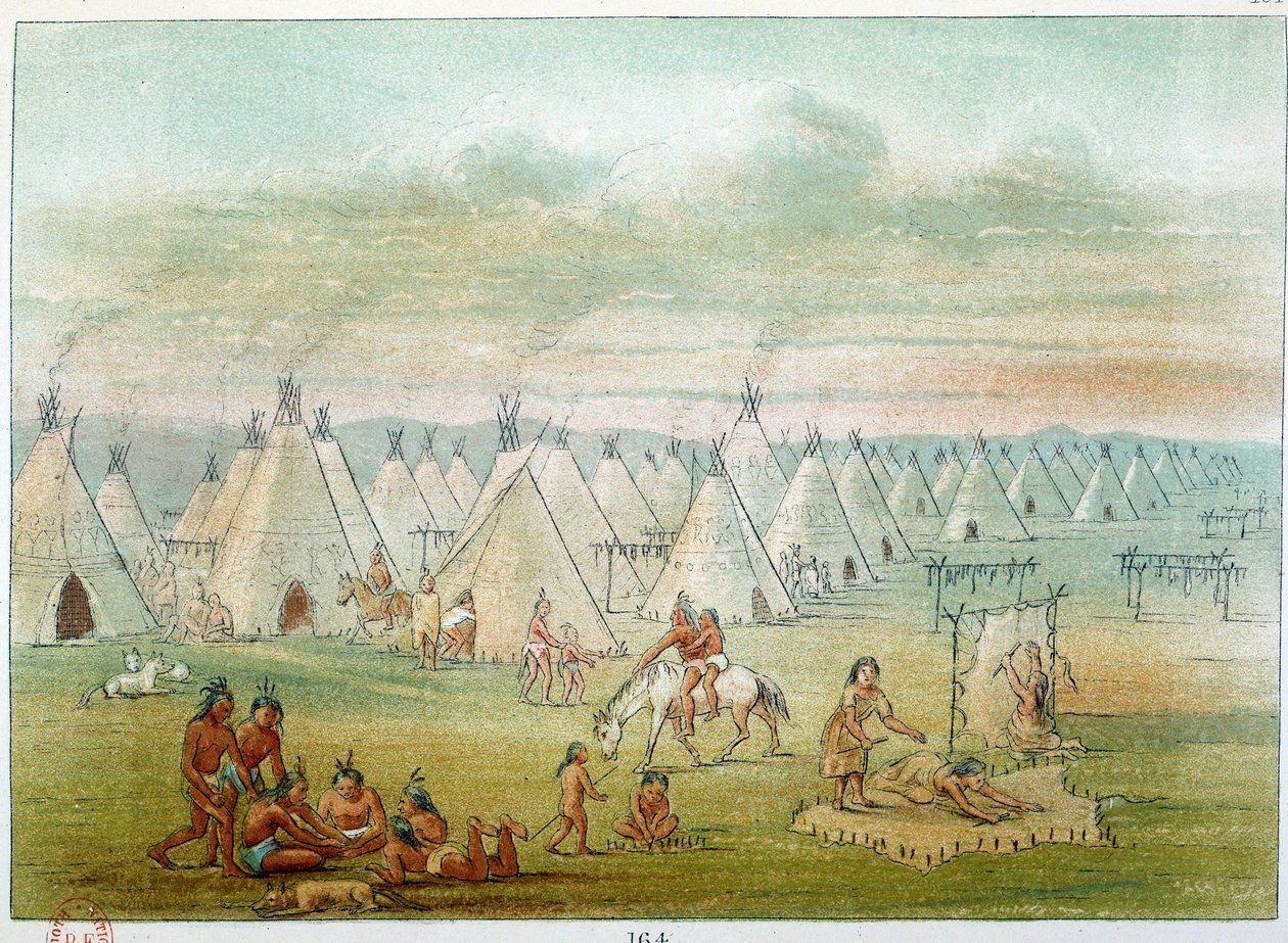 Indians of America: village commanche teltene er laget av bisonskinn. Illustrasjon av George Catlin (1794-1872) av George Catlin