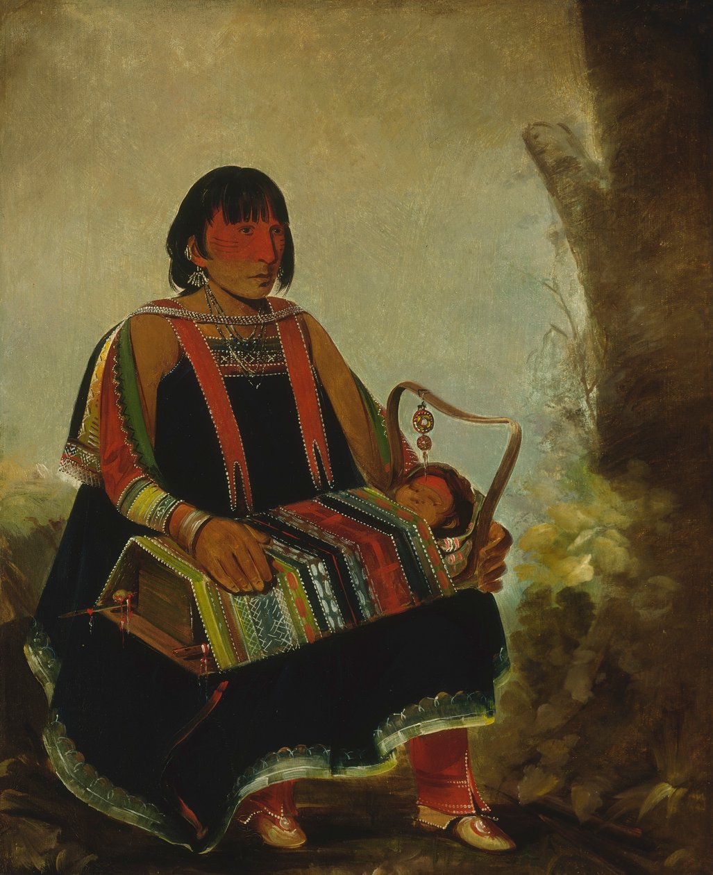 Jú-ah-kís-gaw, kvinne med barnet sitt i en vugge av George Catlin