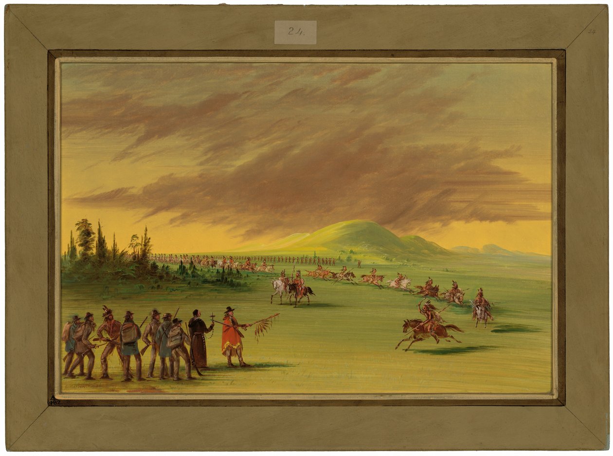 La Salle møter en krigsgruppe av Cenis-indianere på en prærie i Texas. 25. april 1686 av George Catlin