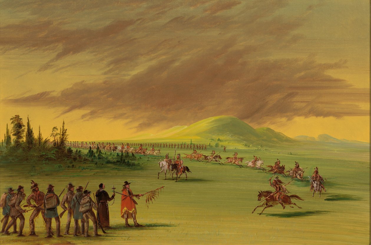 La Salle møter et krigsparti av Cenis-indianere på en Texas prærien. 25. april 1686, 18471848. av George Catlin
