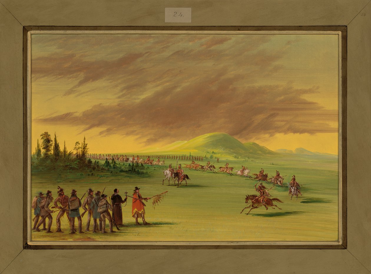 La Salle møter et krigsparti av Cenis-indianere på en prairie i Texas, 25. april 1686, 1847-48 av George Catlin