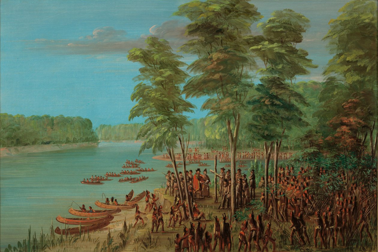 La Salle tar landet i besittelse ved munningen av Arkansas. 10. mars 1682, 18471848. av George Catlin