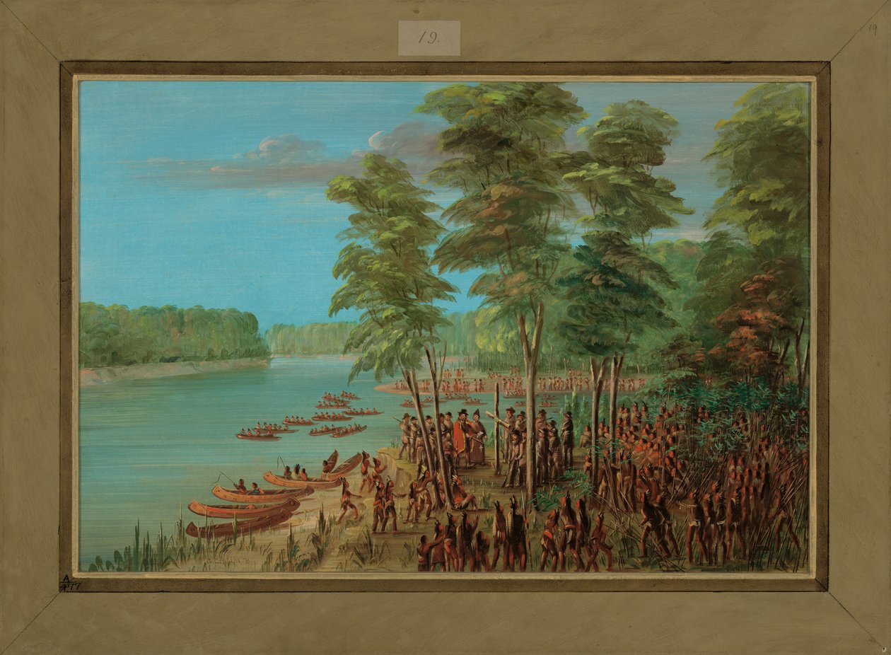 La Salle tar besittelse av landet ved munningen av Arkansas, 10. mars 1682, 1847-48 av George Catlin