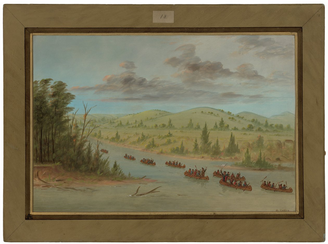 La Salles fest som går inn i Mississippi i kanoer. 6. februar 1682 av George Catlin