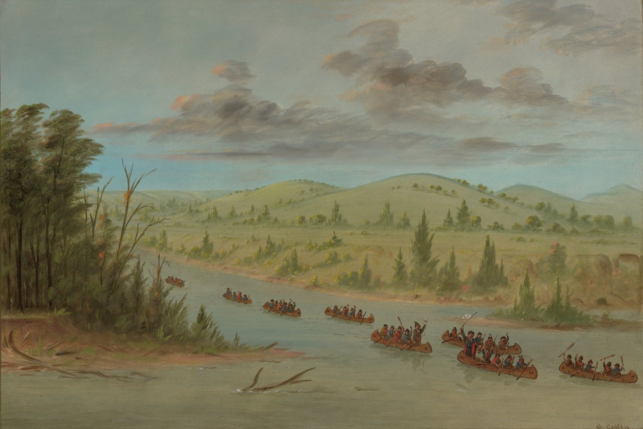 La Salles fest som går inn i Mississippi i kanoer. 6. februar 1682, 18471848. av George Catlin