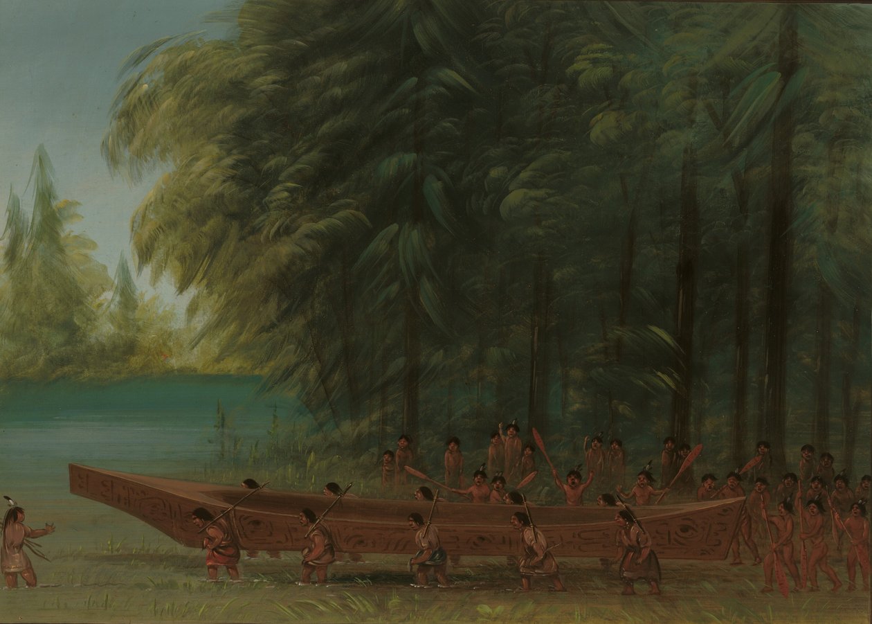 Lanserer en kano - Nayas-indianere, 18551869. av George Catlin