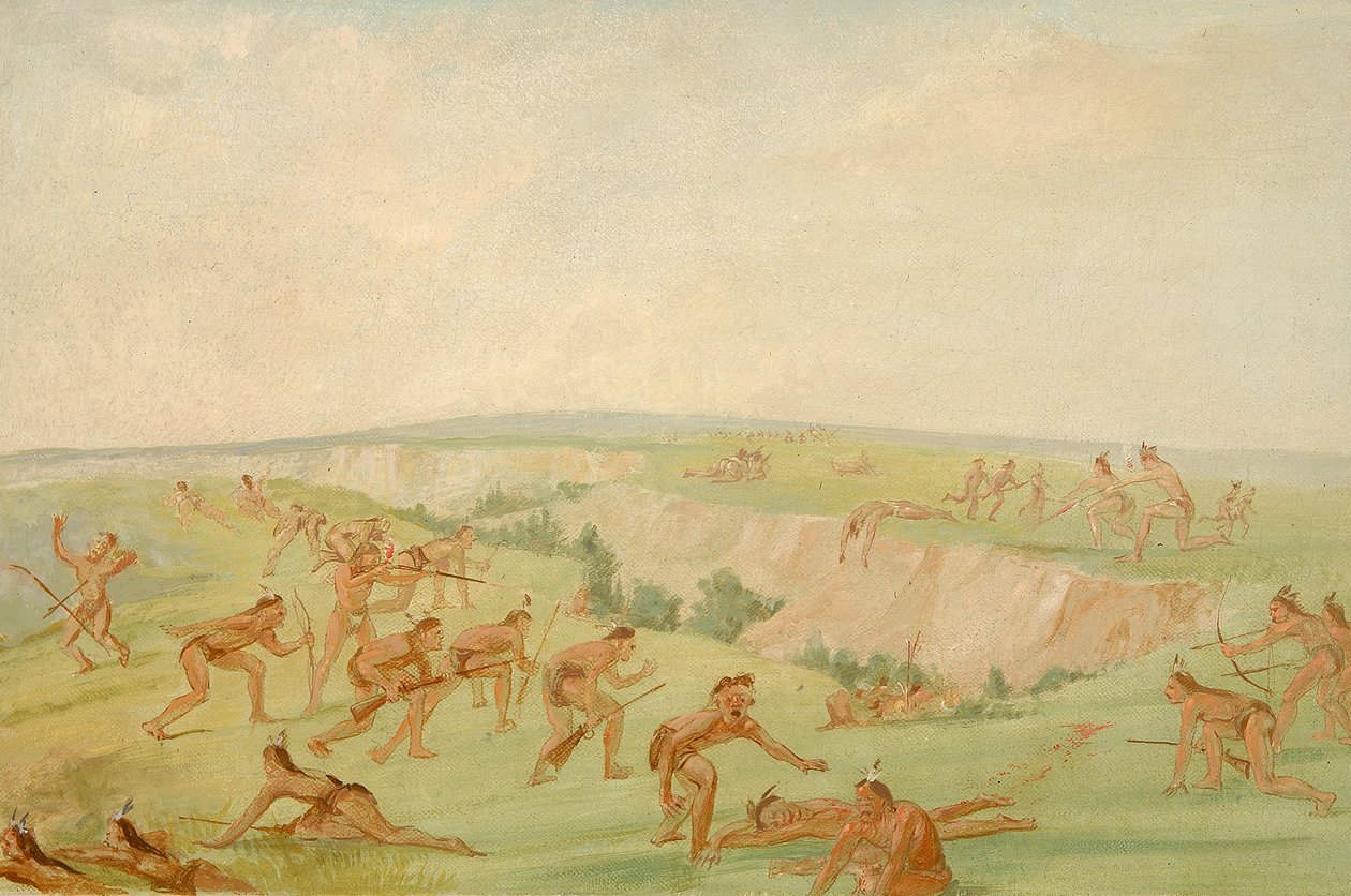 Mandan angriper et parti av Arikara, 1832-1833. av George Catlin