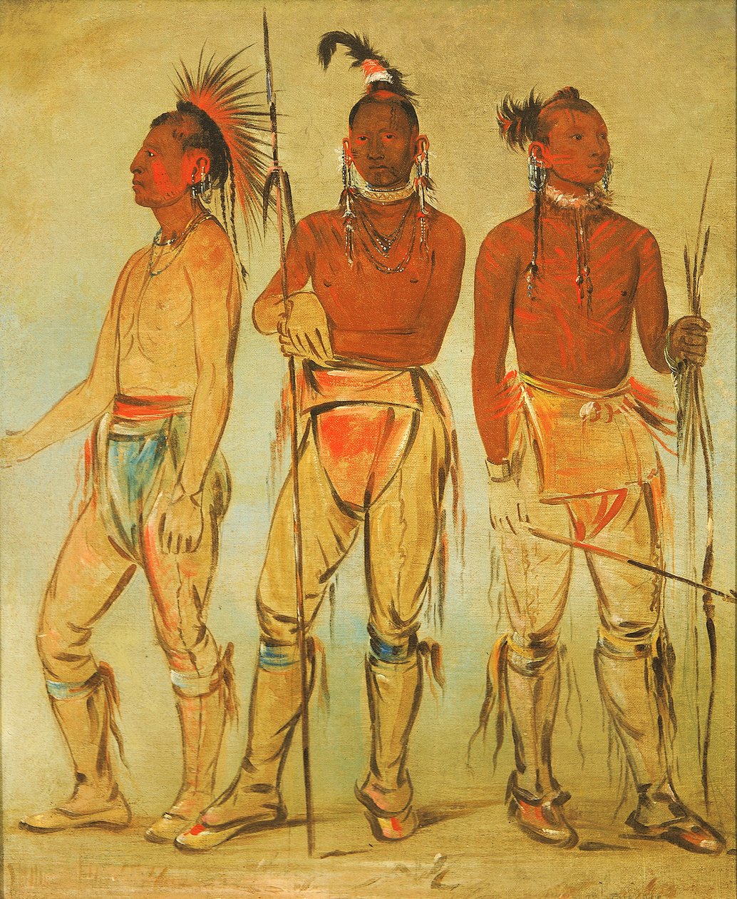 Mun-ne-pús-kee, Han som ikke er redd, Ko-ha-túnk-a, Big Crow og Nah-cóm-ee-shee..., 1834. av George Catlin