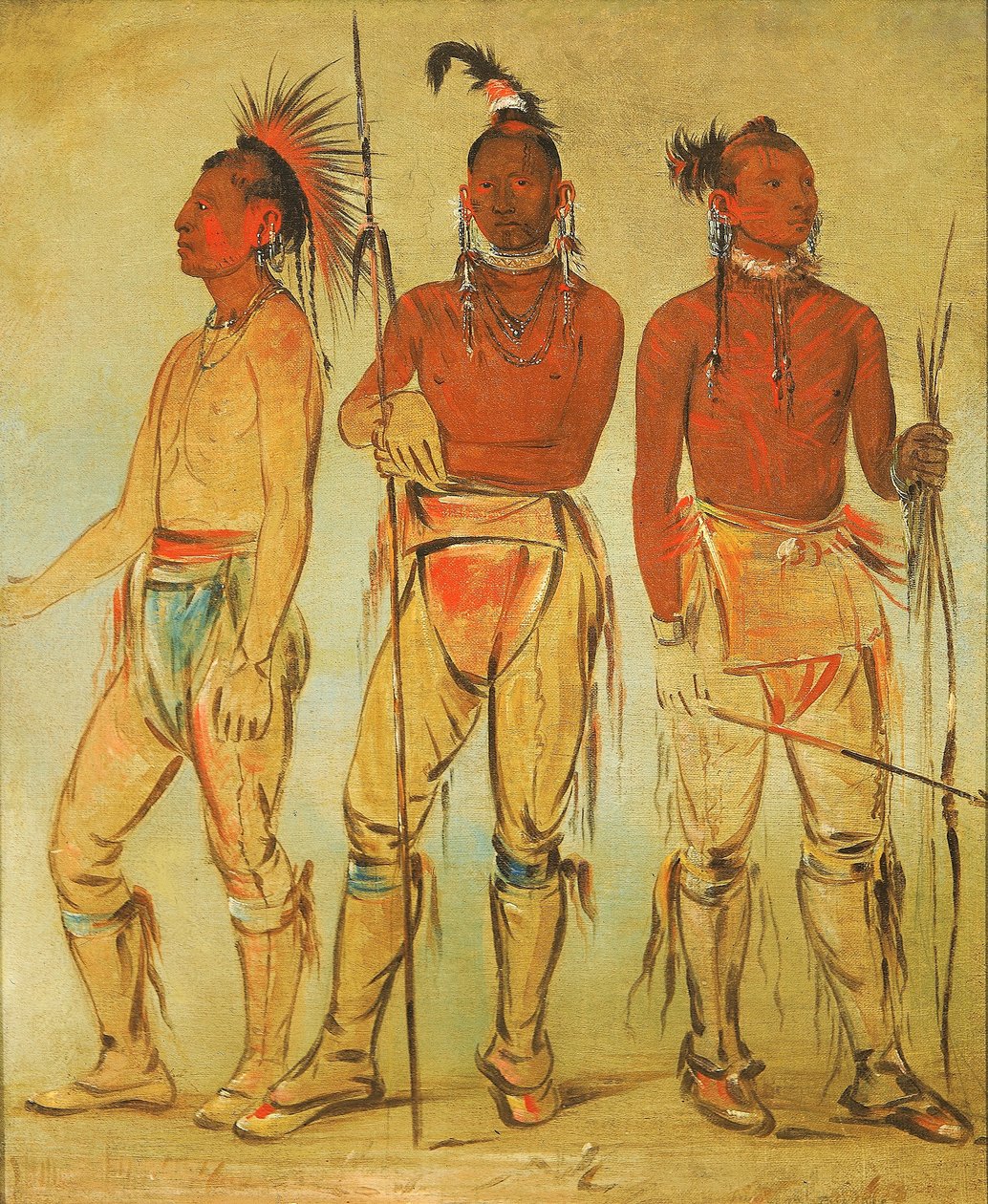 Mun-ne-pús-kee, Han som ikke er redd; Ko-ha-túnk-a, Store Kråke; og Nah-cóm-ee-shee, Mannen i Sengen, Tre Unge Krigere av George Catlin