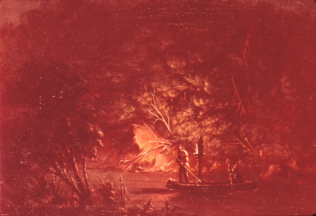 Ojibwe Spearing Salmon av Torchlight, 1846-1848. av George Catlin