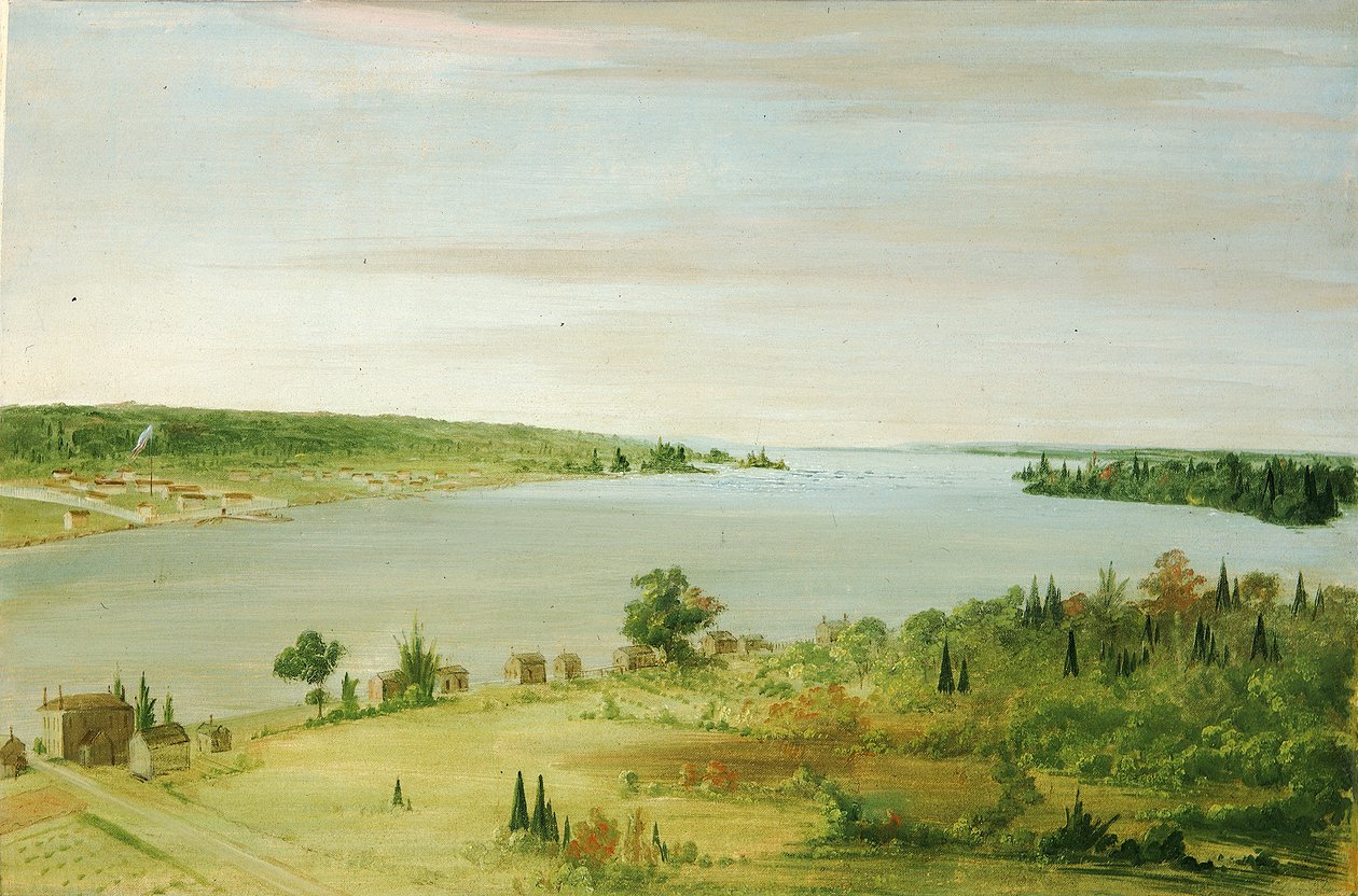 Sault Ste. Marie, viser USAs garnison i det fjerne, 1836-1837. av George Catlin