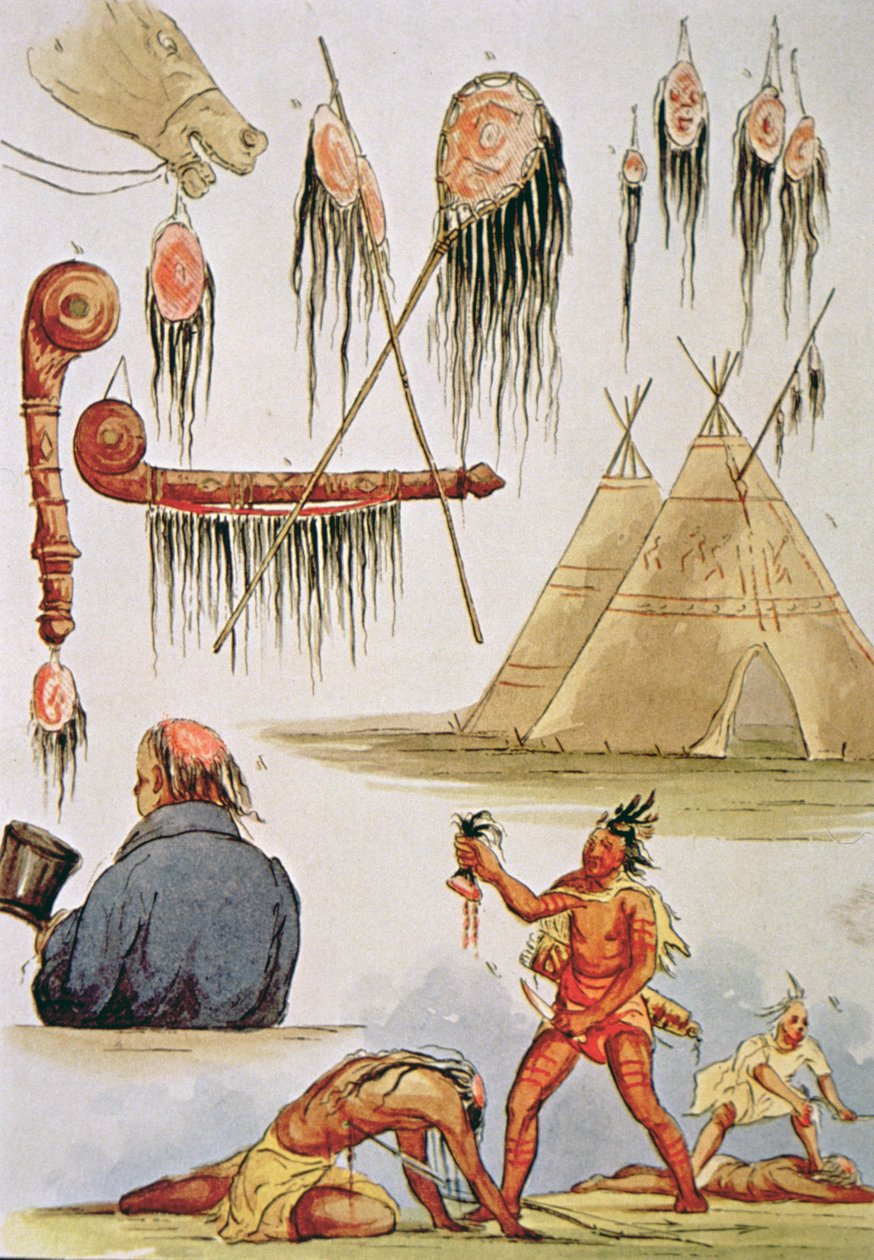 Skalpering og dekorativ bruk av hodebunnen (akvarell på papir) av George Catlin