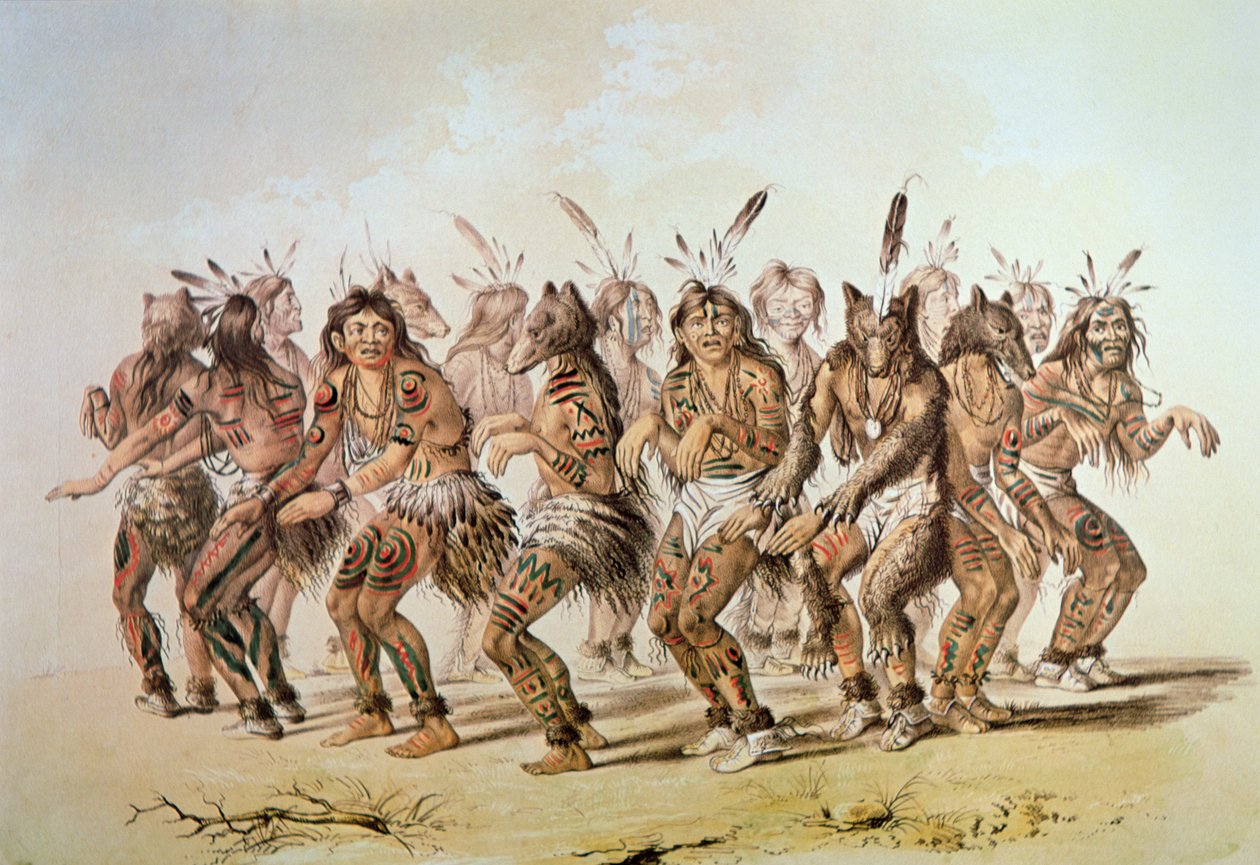 Sioux Bear Dance (farge litho) av George Catlin