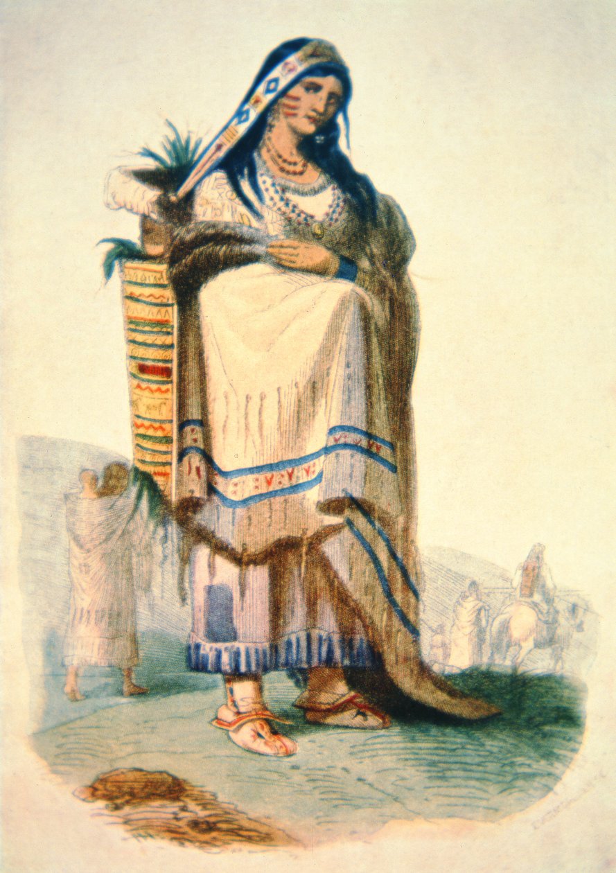 Sioux mor med baby i en vuggebrett (farge litho) av George Catlin