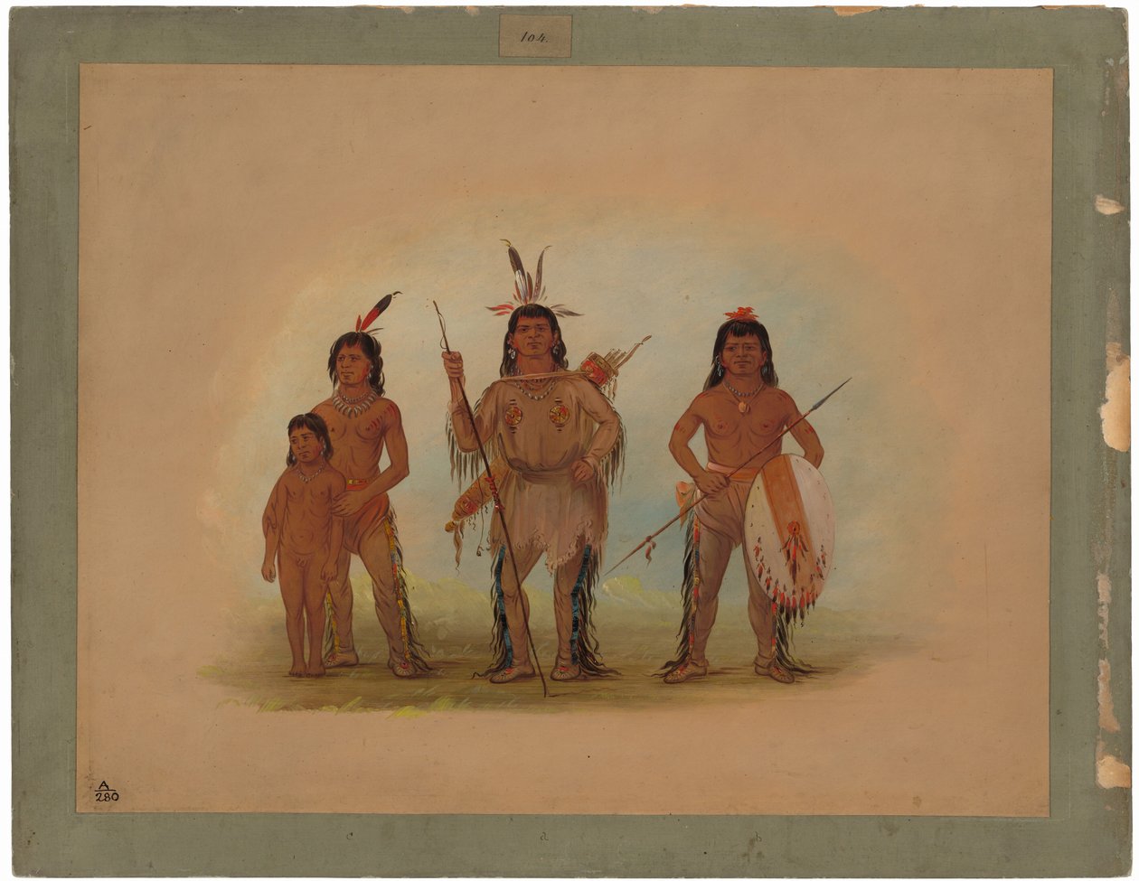 Spokane-sjef, to krigere og en gutt av George Catlin