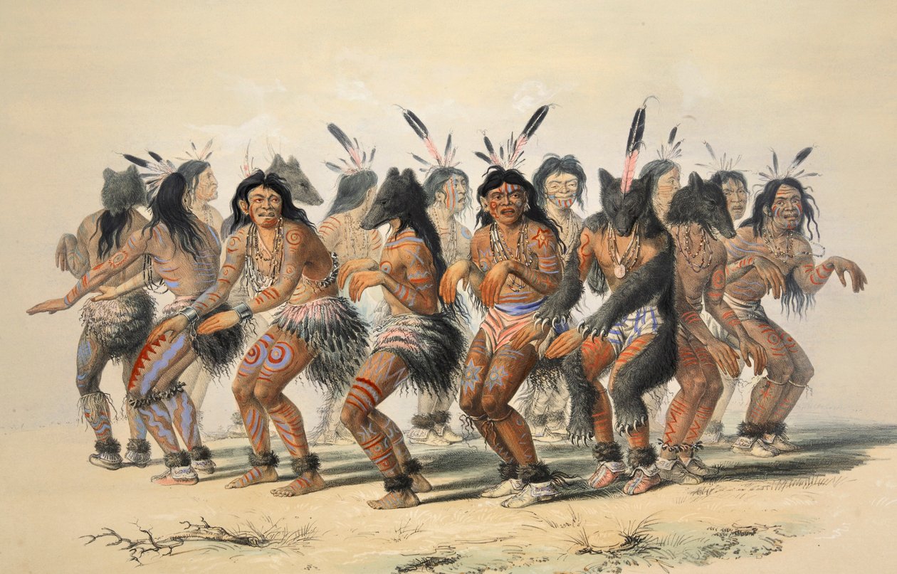The Bear Dance detalj, pub. 1845 fargelitografi. av George Catlin