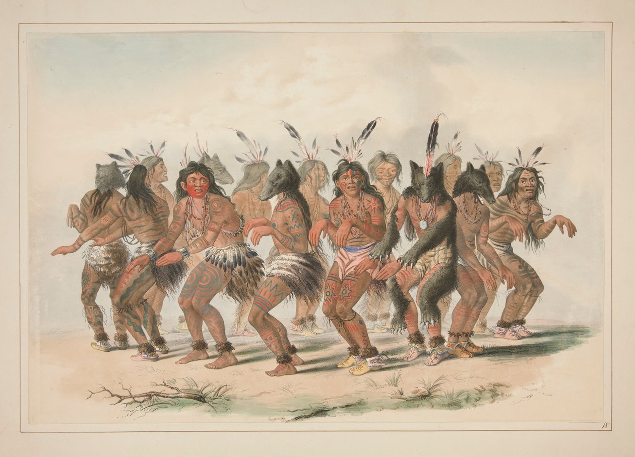 Bjørnedansen, pl. 18 fra North American Indian Portfolio av George Catlin