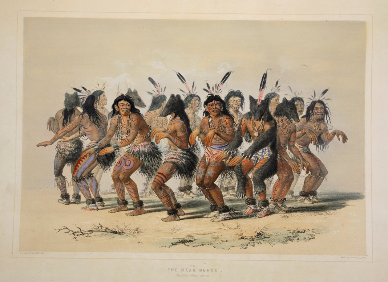 The Bear Dance, pub. 1845 fargelitografi. av George Catlin