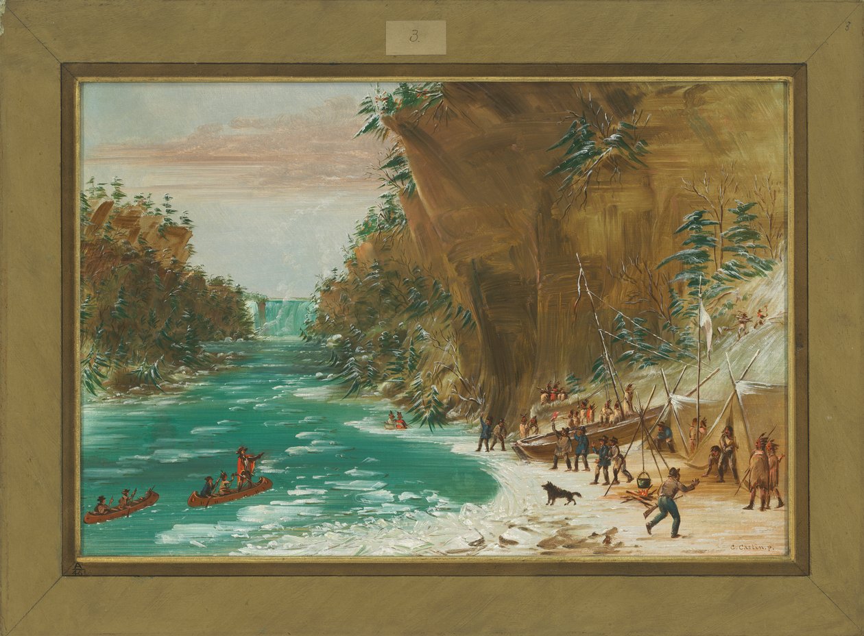 Ekspedisjonen slo leir under Niagara-fossen 20. januar 1679, 1847-48 av George Catlin
