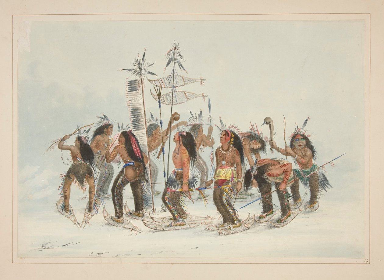 Snøskodansen, pl. 14 fra North American Indian Portfolio av George Catlin