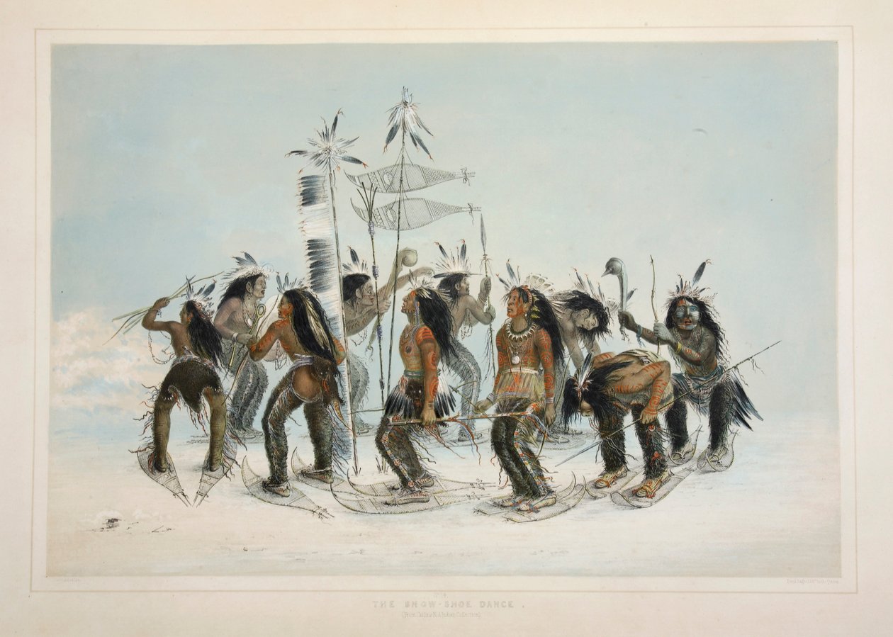 The Snow Shoe Dance, pub. 1845 fargelitografi. av George Catlin