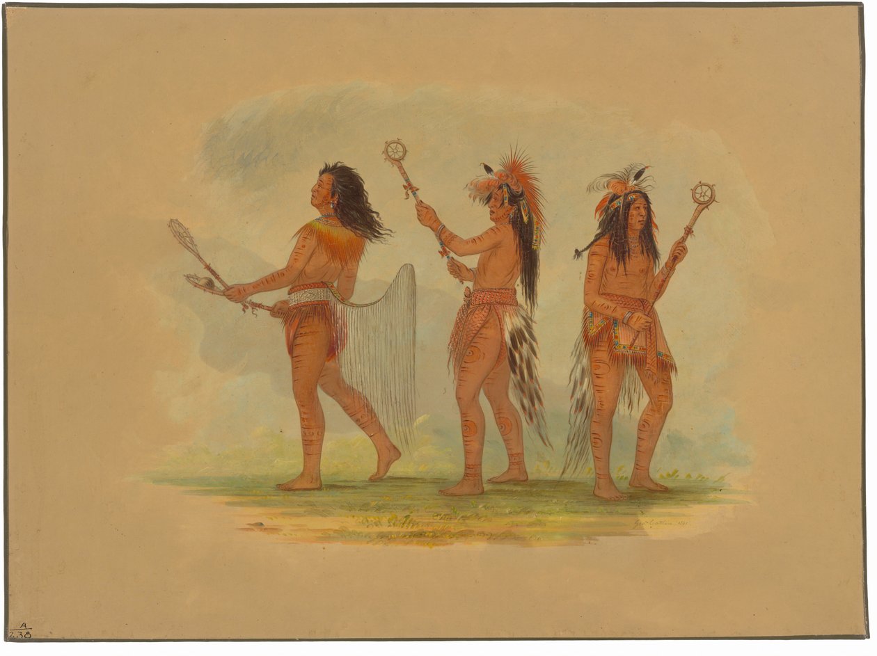 Tre feirede ballspillere - Choctaw, Sioux og Ojibbeway av George Catlin
