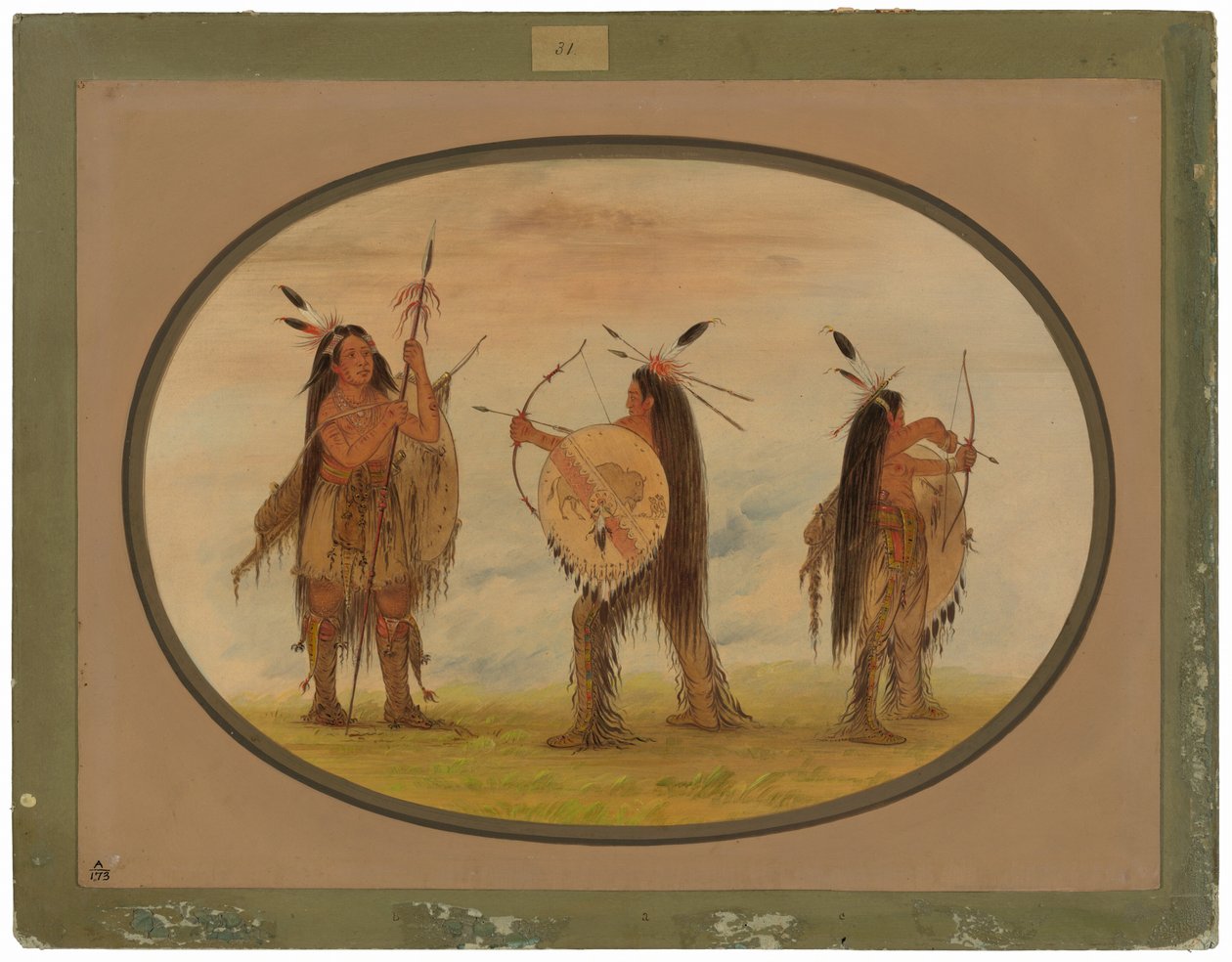 Tre Mandan-krigere bevæpnet for krig av George Catlin