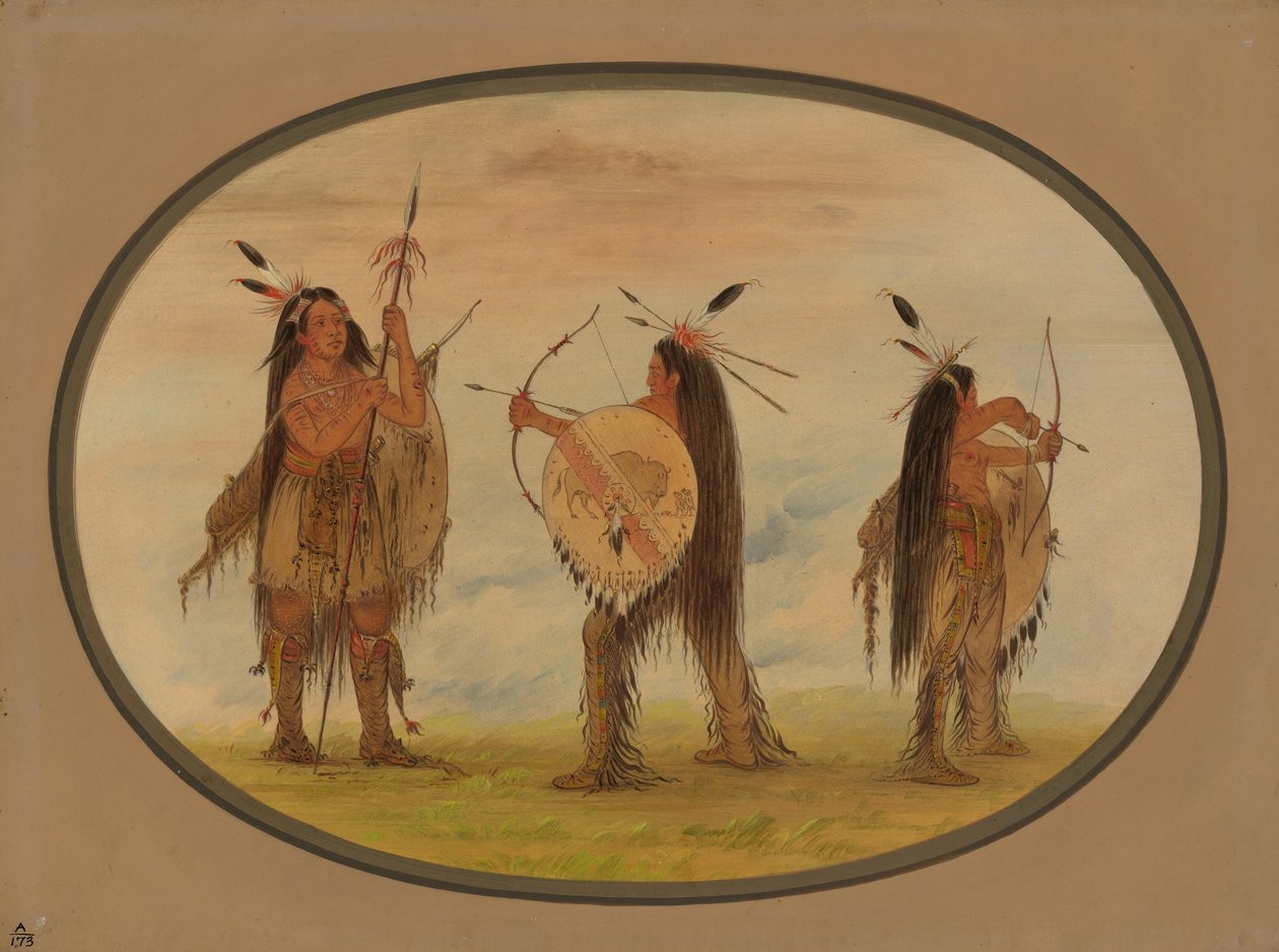 Tre Mandan-krigere bevæpnet for krig, 18611869. av George Catlin