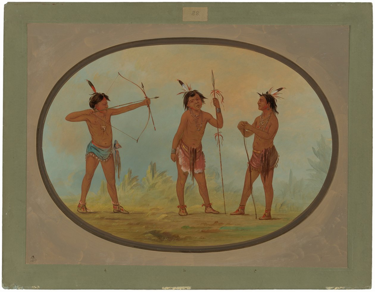 Tre Shoshonee-krigere bevæpnet for krig av George Catlin