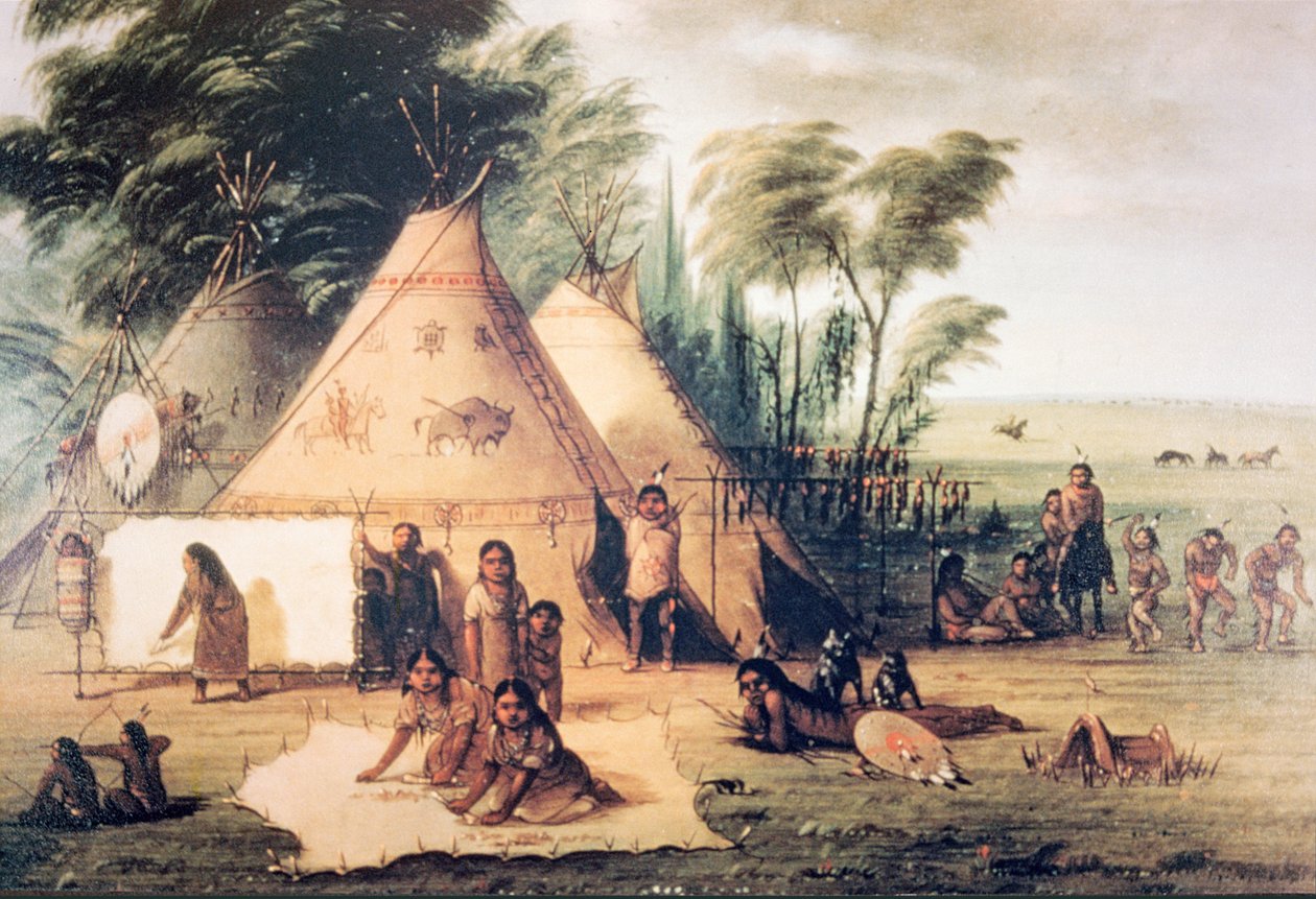 Village of the North American Sioux Tribe (farge litho) av George Catlin
